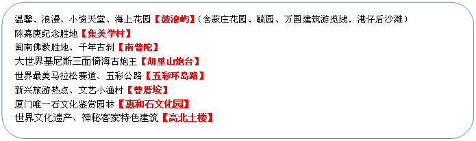 圓角矩形: 溫馨、浪漫、小資天堂、海上花園【鼓浪嶼】（含菽莊花園、毓園、萬(wàn)國(guó)建筑游覽線、港仔后沙灘）
陳嘉庚紀(jì)念勝地【集美學(xué)村】
閩南佛教勝地、千年古剎【南普陀】
大世界基尼斯三面倚海古炮王【胡里山炮臺(tái)】
世界最美馬拉松賽道、五彩公路【五彩環(huán)島路】
新興旅游熱點(diǎn)、文藝小漁村【曾厝垵】
廈門(mén)唯一石文化鑒賞園林【惠和石文化園】
世界文化遺產(chǎn)、神秘客家特色建筑【高北土樓】
